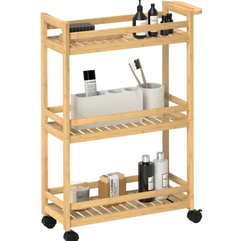 HOMCOM 3-stöckiger Servierwagen aus Bambus, Küchenwagen mit Rolle, Allzweckwagen mit Griff, Lagerwagen für Büro, Wohnzimmer, Küche, 55 x 20 x 75 cm, Naturholz