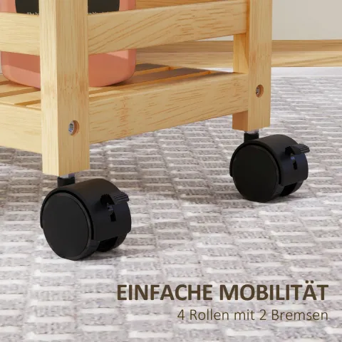HOMCOM 3-stöckiger Servierwagen aus Bambus, Küchenwagen mit Rolle, Allzweckwagen mit Griff, Lagerwagen für Büro, Wohnzimmer, Küche, 55 x 20 x 75 cm, Naturholz