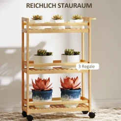 HOMCOM 3-stöckiger Servierwagen aus Bambus, Küchenwagen mit Rolle, Allzweckwagen mit Griff, Lagerwagen für Büro, Wohnzimmer, Küche, 55 x 20 x 75 cm, Naturholz