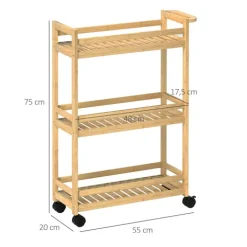 HOMCOM 3-stöckiger Servierwagen aus Bambus, Küchenwagen mit Rolle, Allzweckwagen mit Griff, Lagerwagen für Büro, Wohnzimmer, Küche, 55 x 20 x 75 cm, Naturholz