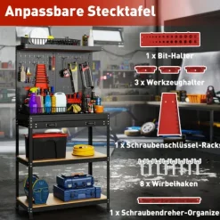 HOMCOM Werkbank 80 x 40,5 x 155 cm Werkzeugbank mit Lochwand, Haken, Schublade, 2 Ablagen, Arbeitstisch 240 kg Tragkraft Werktisch aus Metall, für Werkstatt Schwarz