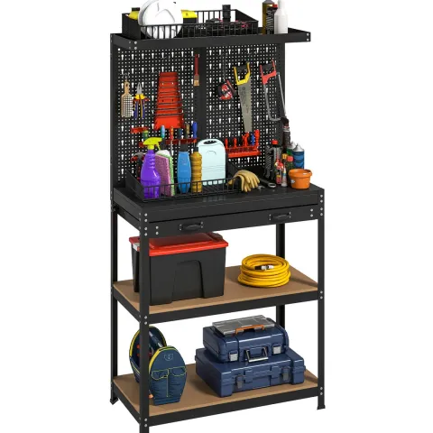 HOMCOM Werkbank 80 x 40,5 x 155 cm Werkzeugbank mit Lochwand, Haken, Schublade, 2 Ablagen, Arbeitstisch 240 kg Tragkraft Werktisch aus Metall, für Werkstatt Schwarz