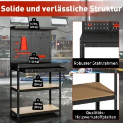 HOMCOM Werkbank 80 x 40,5 x 155 cm Werkzeugbank mit Lochwand, Haken, Schublade, 2 Ablagen, Arbeitstisch 240 kg Tragkraft Werktisch aus Metall, für Werkstatt Schwarz