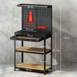 HOMCOM Werkbank 80 x 40,5 x 155 cm Werkzeugbank mit Lochwand, Haken, Schublade, 2 Ablagen, Arbeitstisch 240 kg Tragkraft Werktisch aus Metall, für Werkstatt Schwarz