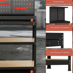 HOMCOM Werkbank 80 x 40,5 x 155 cm Werkzeugbank mit Lochwand, Haken, Schublade, 2 Ablagen, Arbeitstisch 240 kg Tragkraft Werktisch aus Metall, für Werkstatt Schwarz