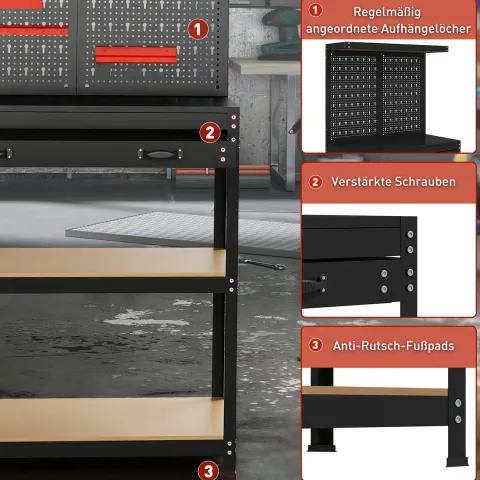 HOMCOM Werkbank 80 x 40,5 x 155 cm Werkzeugbank mit Lochwand, Haken, Schublade, 2 Ablagen, Arbeitstisch 240 kg Tragkraft Werktisch aus Metall, für Werkstatt Schwarz
