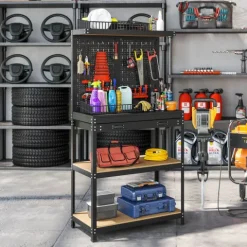 HOMCOM Werkbank 80 x 40,5 x 155 cm Werkzeugbank mit Lochwand, Haken, Schublade, 2 Ablagen, Arbeitstisch 240 kg Tragkraft Werktisch aus Metall, für Werkstatt Schwarz