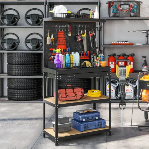 HOMCOM Werkbank 80 x 40,5 x 155 cm Werkzeugbank mit Lochwand, Haken, Schublade, 2 Ablagen, Arbeitstisch 240 kg Tragkraft Werktisch aus Metall, für Werkstatt Schwarz