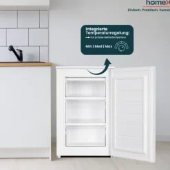 homeX Gefrierschrank Tiefkühlschrank klein 87L Nutzinhalt 4-Sterne Gefrieren kompakt und freistehend leise weiß