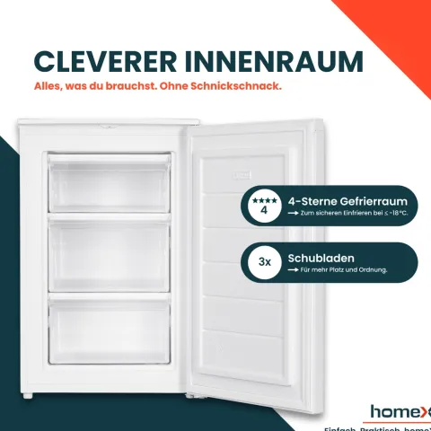 homeX Gefrierschrank Tiefkühlschrank klein 87L Nutzinhalt 4-Sterne Gefrieren kompakt und freistehend leise weiß