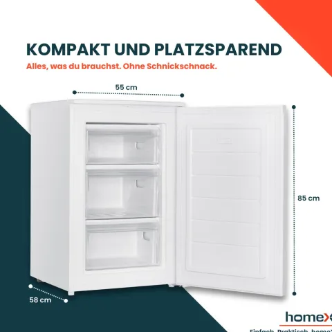homeX Gefrierschrank Tiefkühlschrank klein 87L Nutzinhalt 4-Sterne Gefrieren kompakt und freistehend leise weiß