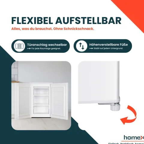 homeX Gefrierschrank Tiefkühlschrank klein 87L Nutzinhalt 4-Sterne Gefrieren kompakt und freistehend leise weiß