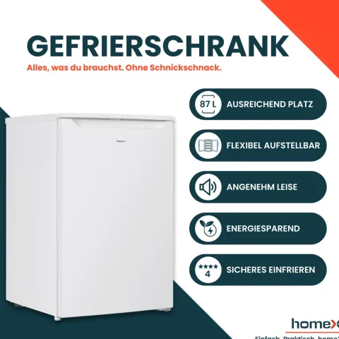 homeX Gefrierschrank Tiefkühlschrank klein 87L Nutzinhalt 4-Sterne Gefrieren kompakt und freistehend leise weiß