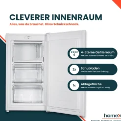 homeX Gefrierschrank Tiefkühlschrank klein 60L Nutzinhalt 4-Sterne Gefrieren Freezer kompakt freistehend weiß