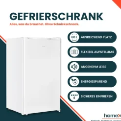 homeX Gefrierschrank Tiefkühlschrank klein 60L Nutzinhalt 4-Sterne Gefrieren Freezer kompakt freistehend weiß