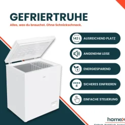 homeX Gefriertruhe Tiefkühltruhe klein 142L Nutzinhalt 4-Sterne Gefrieren Kühltruhe mit Super-Frost-Funktion weiß