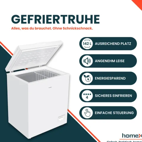 homeX Gefriertruhe Tiefkühltruhe klein 142L Nutzinhalt 4-Sterne Gefrieren Kühltruhe mit Super-Frost-Funktion weiß