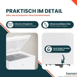 homeX Gefriertruhe Tiefkühltruhe klein 142L Nutzinhalt 4-Sterne Gefrieren Kühltruhe mit Super-Frost-Funktion weiß