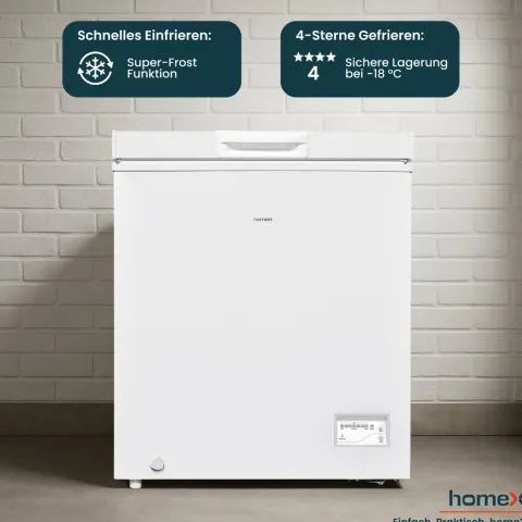 homeX Gefriertruhe Tiefkühltruhe klein 142L Nutzinhalt 4-Sterne Gefrieren Kühltruhe mit Super-Frost-Funktion weiß