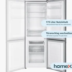 homeX Kühlschrank mit Gefrierfach Kühl-Gefrierkombination freistehend 173 Liter Nutzinhalt 40 dB CFS1110-S silber