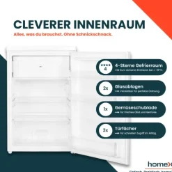 homeX Kühlschrank mit Gefrierfach klein Mini Kühl-Gefrierkombination 109 Liter freistehend 4-Sterne Gefrieren weiß