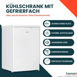 homeX Kühlschrank mit Gefrierfach klein Mini Kühl-Gefrierkombination 109 Liter freistehend 4-Sterne Gefrieren weiß