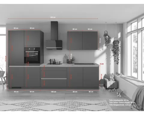 IMPULS Küchenzeile mit Geräten ZANOTTI 340 cm grafit matt vormontiert Variante links IP315-IKC1340LR-K830-F157-A653-G960