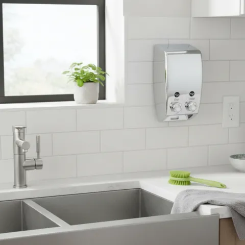 INNO Wandseifenspender Chrom 300 ml 2 Fach Seifenspender Wandmontage Kunststoff Dosierspender Shampoo Seife Badezimmer Hotel Hygiene Spender kompakt robust