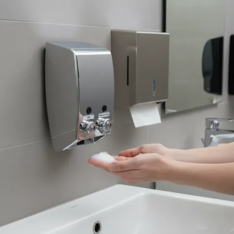 INNO Wandseifenspender Chrom 300 ml 2 Fach Seifenspender Wandmontage Kunststoff Dosierspender Shampoo Seife Badezimmer Hotel Hygiene Spender kompakt robust