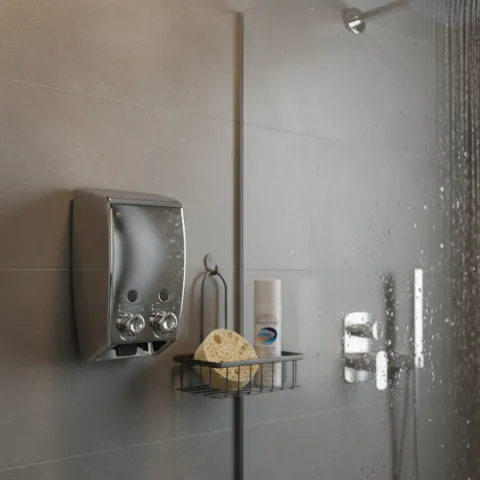 INNO Wandseifenspender Chrom 300 ml 2 Fach Seifenspender Wandmontage Kunststoff Dosierspender Shampoo Seife Badezimmer Hotel Hygiene Spender kompakt robust