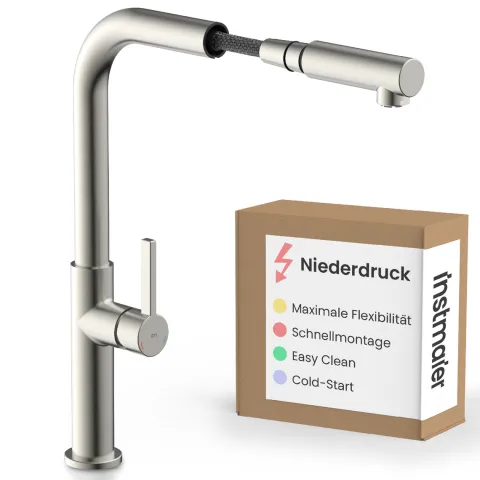 instmaier Cassia Niederdruck Spültischarmatur | Edelstahl| Küchenarmatur mit herausziebarem Auslauf