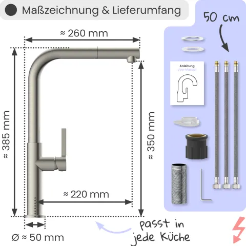 instmaier Cassia Niederdruck Spültischarmatur | Edelstahl| Küchenarmatur mit herausziebarem Auslauf