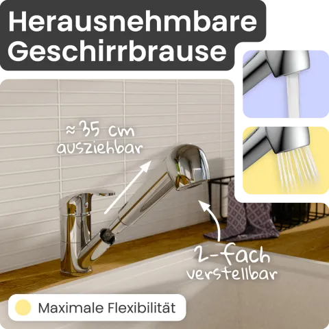 instmaier Küchenarmatur Elena | Ausziehbare Brause | Wasserhahn Küche mit 2 Funktionen | Spültischarmatur Chrom | 360° schwenkbar | mit Zentralverschraubung