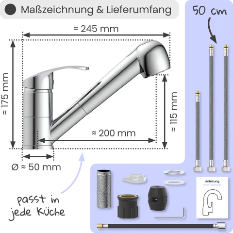 instmaier Küchenarmatur Elena | Ausziehbare Brause | Wasserhahn Küche mit 2 Funktionen | Spültischarmatur Chrom | 360° schwenkbar | mit Zentralverschraubung