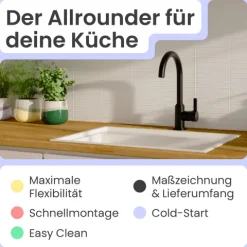 instmaier Küchenarmatur Leona | 360° schwenkbar | Wasserhahn Küche | Spültischarmatur Schwarz Matt | Hoher Auslauf | mit Zentralverschraubung