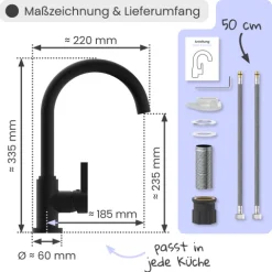 instmaier Küchenarmatur Leona | 360° schwenkbar | Wasserhahn Küche | Spültischarmatur Schwarz Matt | Hoher Auslauf | mit Zentralverschraubung
