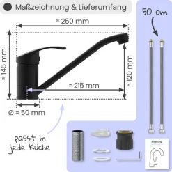 instmaier Küchenarmatur Vera | 360° schwenkbar | Wasserhahn Küche | Spültischarmatur Schwarz Matt | mit Zentralverschraubung