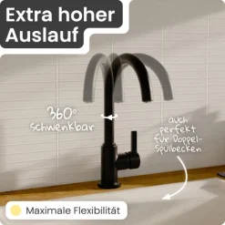instmaier Niederdruck Küchenarmatur Leona | 360° schwenkbar | Wasserhahn Küche | Spültischarmatur Schwarz Matt | Hoher Auslauf | mit Zentralverschraubung