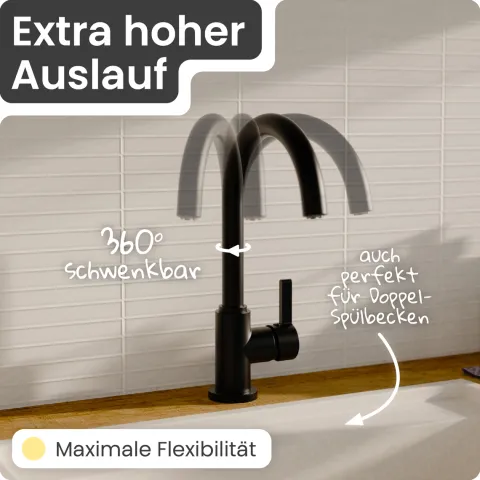 instmaier Niederdruck Küchenarmatur Leona | 360° schwenkbar | Wasserhahn Küche | Spültischarmatur Schwarz Matt | Hoher Auslauf | mit Zentralverschraubung