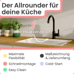 instmaier Niederdruck Küchenarmatur Leona | 360° schwenkbar | Wasserhahn Küche | Spültischarmatur Schwarz Matt | Hoher Auslauf | mit Zentralverschraubung