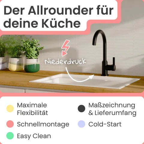 instmaier Niederdruck Küchenarmatur Leona | 360° schwenkbar | Wasserhahn Küche | Spültischarmatur Schwarz Matt | Hoher Auslauf | mit Zentralverschraubung