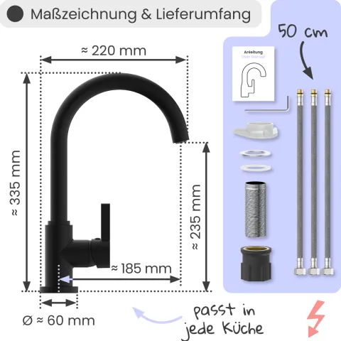 instmaier Niederdruck Küchenarmatur Leona | 360° schwenkbar | Wasserhahn Küche | Spültischarmatur Schwarz Matt | Hoher Auslauf | mit Zentralverschraubung