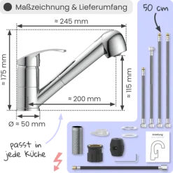 instmaier Niederdruck Küchenarmatur Elena | Ausziehbare Brause | Wasserhahn Küche mit 2 Funktionen | Spültischarmatur Chrom | 360° schwenkbar | mit Zentralverschraubung