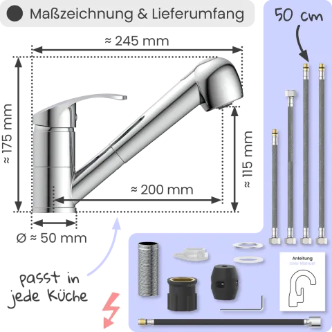 instmaier Niederdruck Küchenarmatur Elena | Ausziehbare Brause | Wasserhahn Küche mit 2 Funktionen | Spültischarmatur Chrom | 360° schwenkbar | mit Zentralverschraubung