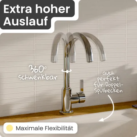 instmaier Niederdruck Küchenarmatur Leona | 360° schwenkbar | Wasserhahn Küche | Spültischarmatur Chrom | Hoher Auslauf | mit Zentralverschraubung