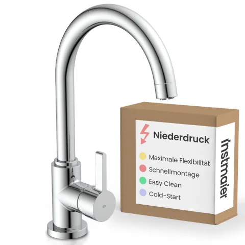 instmaier Niederdruck Küchenarmatur Leona | 360° schwenkbar | Wasserhahn Küche | Spültischarmatur Chrom | Hoher Auslauf | mit Zentralverschraubung