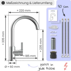 instmaier Niederdruck Küchenarmatur Leona | 360° schwenkbar | Wasserhahn Küche | Spültischarmatur Chrom | Hoher Auslauf | mit Zentralverschraubung