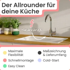 instmaier Niederdruck Küchenarmatur Leona | 360° schwenkbar | Wasserhahn Küche | Spültischarmatur Chrom | Hoher Auslauf | mit Zentralverschraubung
