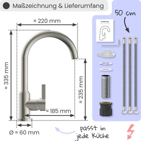 instmaier Niederdruck Küchenarmatur Leona | 360° schwenkbar | Wasserhahn Küche | Spültischarmatur Edelstahlfarben | Hoher Auslauf | mit Zentralverschraubung