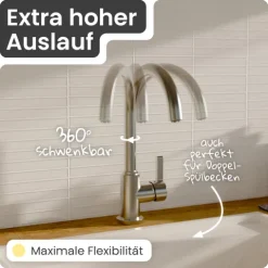 instmaier Niederdruck Küchenarmatur Leona | 360° schwenkbar | Wasserhahn Küche | Spültischarmatur Edelstahlfarben | Hoher Auslauf | mit Zentralverschraubung
